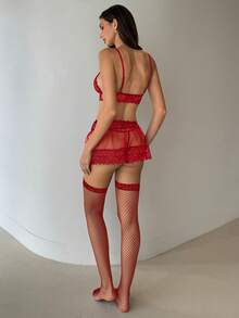 Aloruh Ramadan, Nobility, Gracefulness 4-Piece Set - Purple Embroidered Strapped Lace, Sexy, Gathered, Red French Underwear Set - Red - View 4