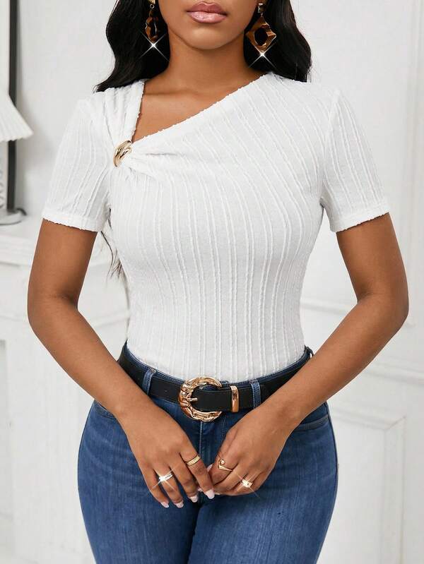 SHEIN Lady 女士休闲纯色不对称领短袖T恤，夏季