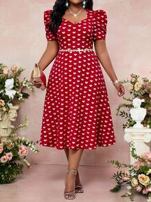 Fleurora 大码女式心形印花甜心领泡泡袖优雅连衣裙 - 彩色 - 查看 1