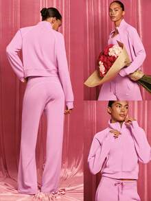 GLOWMODE SoftSerene Modal Contrast Piping Waist-Length Thumbholes Fitted Zip-Up Sweatshirt Daily Casual Wear Fall Winter - Pink - View 8