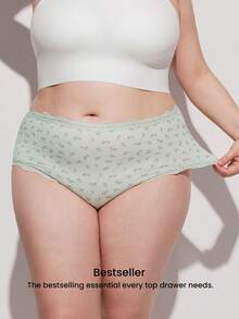 LUVLETTE Plus 3-Pack Lace Trim Cotton High-Waist Basic Briefs Women Underwear Panties Set- Floral Print Lace Trim-Green - Multicolor - View 10