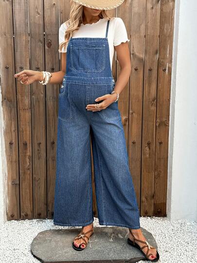 SHEIN 孕妇纯色吊带无袖休闲宽松牛仔连体裤