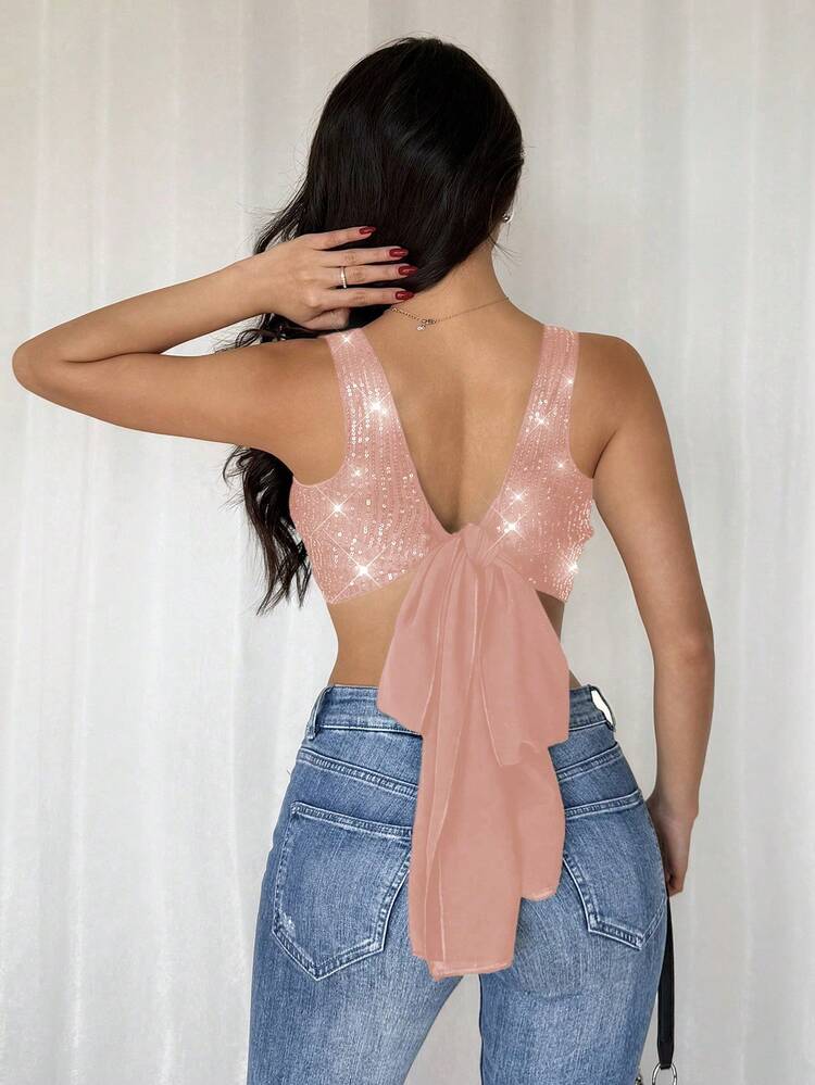 SHEIN Franclia Women's Backless Sequin Crop Top,Dusty Pink Summer 70s Party Date Night Sparkling Rhinestone Bow Knot Strappy Top Elegant Blush Pink Camisole - Baby Pink - View 2
