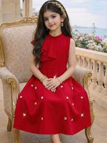 SHEIN 女童优雅串珠荷叶边立领腰部喇叭裙摆公主裙，红色，适合婚礼、庆典、派对和日常穿着 - 紅色 - 查看 1