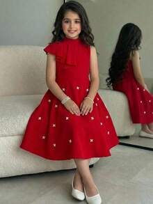 SHEIN 女童优雅串珠荷叶边立领腰部喇叭裙摆公主裙，红色，适合婚礼、庆典、派对和日常穿着 - 紅色 - 查看 7