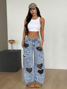 SHEIN PETITE Women's Heart Pattern Casual Jeans - Light Wash - View 5