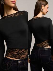 Nöista Fitted Long-Sleeve Top With Asymmetrical Lace Trim And Semi-Sheer Effect. Feminine And Modern, Perfect For Party Outfits, Nightlife Looks, Spring Styling And Spring Summer Occasions. - Black - View 4