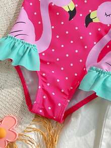 女婴撞色波点荷叶边蝴蝶结火烈鸟印花泳衣 - 彩色 - 查看 6