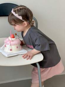 DAZY Toddler Girls' Casual Loose Fit Cartoon Letter Print Round Neck Top, Korean Style - Grey - View 4