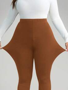 Comfylo Plus Size Women Casual Solid High Waist Leggings - Brown - View 7