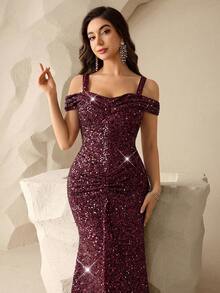 Coutiva 优雅亮片装饰连衣裙，高端宴会正式礼服 - 酒紅色 - 查看 5