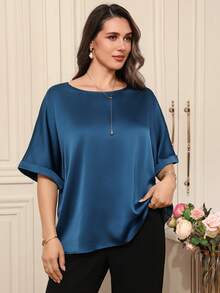 EMERY ROSE 大码女式时尚休闲圆领T恤/夏季/优雅，蓝色优雅缎面上衣，女士蓝色工作衬衫，女士缎面上衣，宝蓝色衬衫，蓝色上衣，大码丝绸上衣，女士丝滑上衣，女士短袖上衣，女士衬衫，休闲女式上衣和衬衫，女士工作上衣 - 藍色 - 查看 5