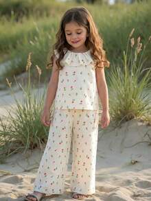Emery Rose Kids Emery Rose Kids 2pcs Young Girl Ditsy Floral Ruffle Trim Top And Loose Fit Pants Set - Apricot - View 1