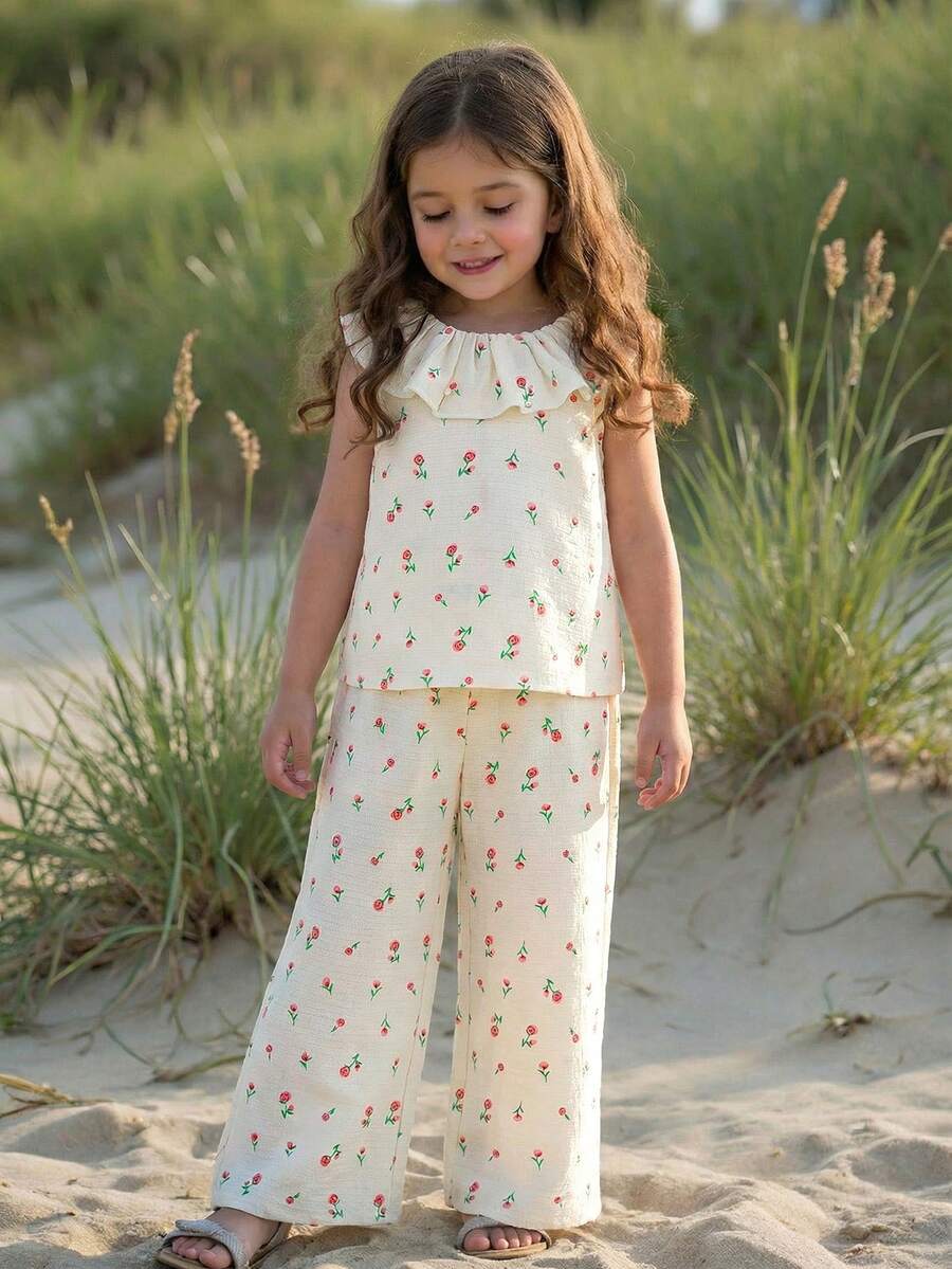 Emery Rose Kids Emery Rose Kids 2pcs Young Girl Ditsy Floral Ruffle Trim Top And Loose Fit Pants Set - Apricot - View 1