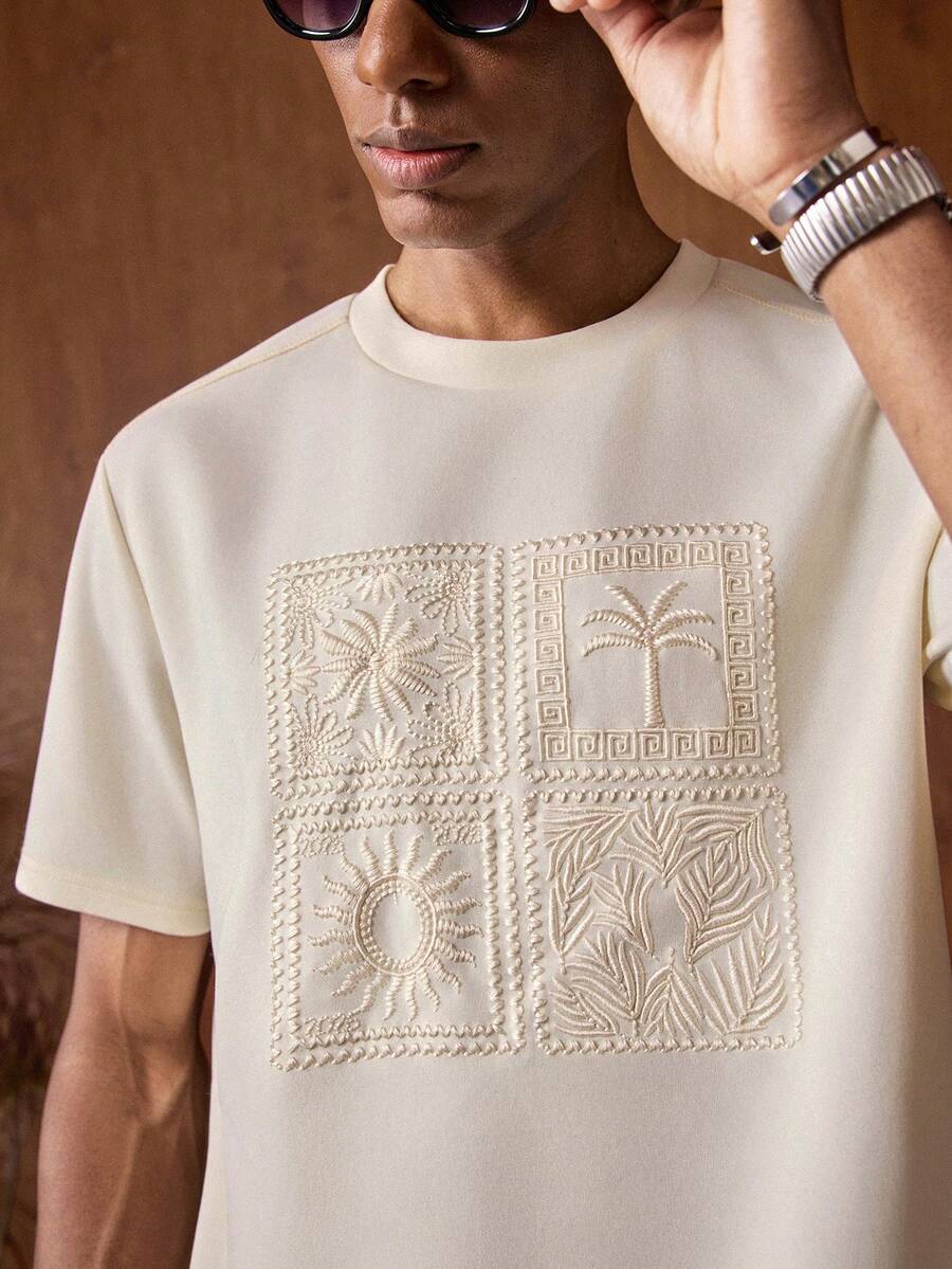 AKNOTIC Business Casual 男士短袖棕榈树刺绣圆领休闲T恤