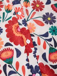 ChillGRL Tropical Floral Print Woven Dress For Teen GirlCollared Shirt Dress With Ruffle Sleeves And Adjustable Waist Belt, Suitable For Casual Daily And Vacation Wear In Spring/Summer - Multicolor - View 5