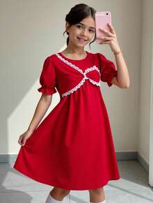 SHEIN ChillGRL Streecool Tween Girl Girls' Fashionable Versatile Cute Puff Sleeve Round Neck Doll Dress, Red One-Piece Dress, Round Neck Front Splice Design Pullover Dress, Suitable For Daily Outings, Birthday Parties - Red - View 9