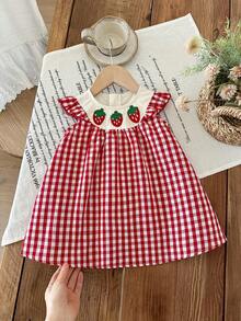 LMoss Kids 女婴草莓格子休闲连衣裙 - 紅白色 - 查看 3