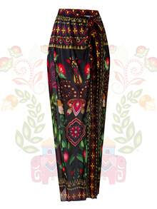 Swim Oasis 大码女士时尚连体泳衣，配有可拆卸裙摆、V领、肩部系带和优雅印花网纱裙，修身显瘦，适合度假和派对穿着 - 彩色 - 查看 3