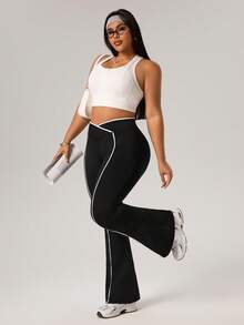 SHEIN Sports 大码女式V腰修身休闲百搭运动紧身裤 - 黑與白 - 查看 5