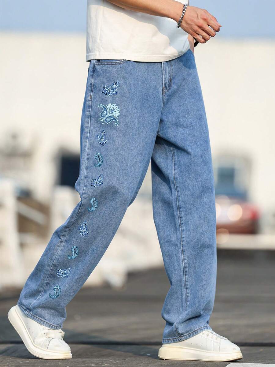 Manfinity Hypemode 男士高级腰果花数码印花牛仔裤 - 藍色 - 查看 1