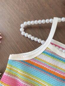 SHEIN Elladie kids Bộ áo liền quần mùa hè mới đơn giản màu đen trắng kẻ sọc, dây rút màu đen phối tương phản với nơ thắt eo, kiểu dáng thể thao năng động cho bé gái. - Nhiều màu - Xem 4