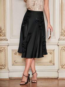 Amorya 女士纯色3D立体花卉装饰简约设计优雅半身裙，春夏度假妇女节优雅职场装，妈妈节礼物，节日海滩约会之夜 - 黑色 - 查看 5