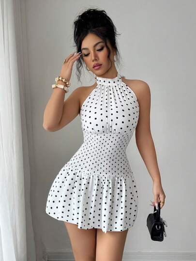 Elenzga Vestido Curto Bodycon com Decote Halter e Cintura Amarrada, Vestido Casual Elegante de Bolinhas Brancas para Férias e Ocasiões Românticas