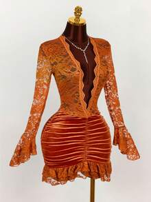 Amplova Christmas Vibe Deep V Waist Cinched Bodycon Mini Dress ,Summer Dress,Spring Dresses For Women - Orange - View 5
