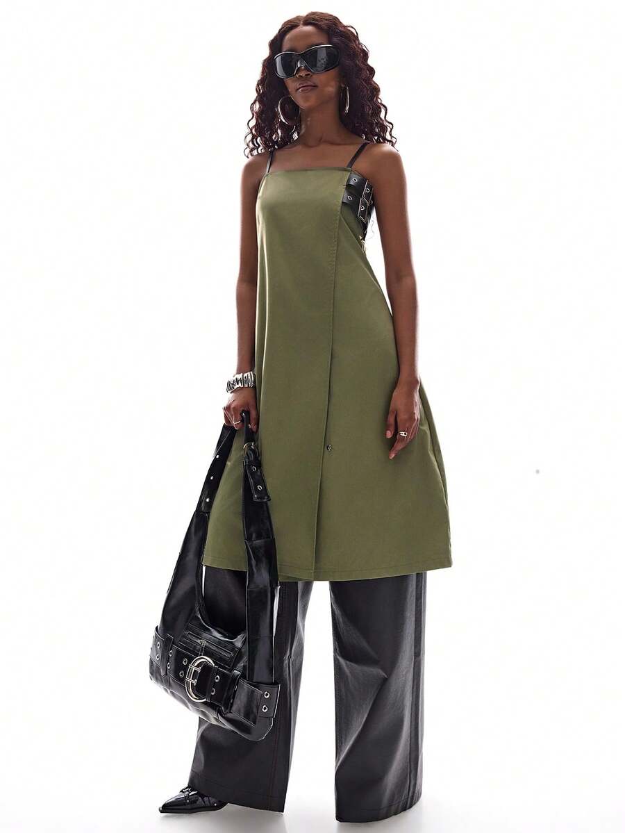 Military Green Contrast Color Double Buckle Design Basic Minimalist Casual Punk Chic Women Sleeveless Dress - Green - View 1