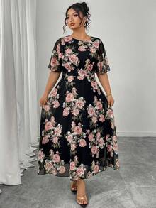 Modelyn Plus Size Women Elegant Round Neck Ruffle Flare Sleeve Fitted Flowy Chiffon Dress, Spring/Summer - Multicolor - View 5