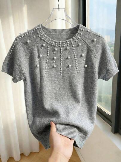 Franclia This Elegant And Versatile Grey Knit Short-Sleeved Top For Women Features Pearl Embellishments On The Neckline And Shoulders, Creating A Luxurious Party Look. Suitable For Autumn, Winter, And Spring, It's Perfect For Summer. Also Suitable For Springtime Wear, Valentine's Day, Carnival, And Other Holiday-Themed Outfits. Other Related Items Include Beachwear, Vacation Wear, Party Tops, Fitness Wear, Wedding Tops, Elegant Tops, And Casual Tops.Graduation Season Attire, Fashionable Casual Commuter Wear, Business Office Wear, Versatile And Stylish Everyday Casual Wear, Urban Teacher's Professional Attire