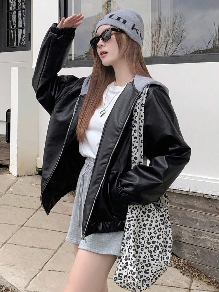 Front Zipper Long Sleeve Solid Color Patchwork Hooded Faux Leather Jacket, Casual Daily Wear,Fall Women Clothes
