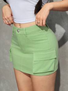 SHEIN PETITE Váy denim ngắn màu trơn phong cách công sở mùa hè - màu xanh lá - Xem 4