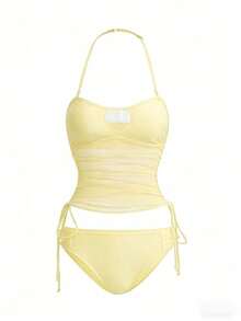 Swim Vcay Conjunto de tankini de unicolor con tirantes desmontables, adecuado para vacaciones en la playa - Crema - Ver 1