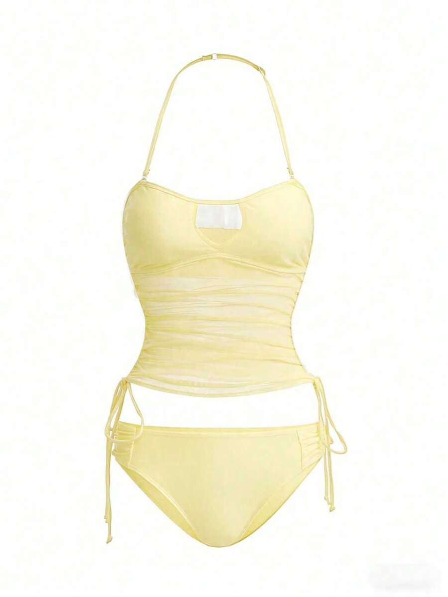 Swim Vcay Conjunto de tankini de unicolor con tirantes desmontables, adecuado para vacaciones en la playa - Crema - Ver 1