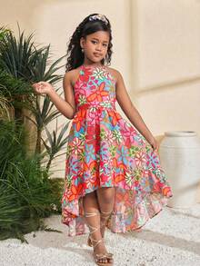 SHEIN Vestido sin mangas con cuello de halter y estampado floral minimalista elegante para niña preadolescente - Rosa - Ver 3