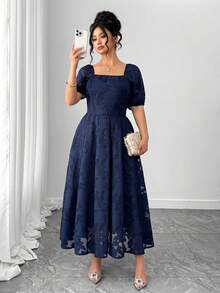 Elenzga Plus Size Women Elegant Square Neck Puff Sleeve Jacquard Cutwork Midi Dress - Navy Blue - View 1