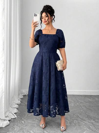 Elenzga Plus Size Women Elegant Square Neck Puff Sleeve Jacquard Cutwork Midi Dress