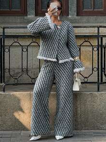 Elyressa 女士喇叭袖流苏边饰优雅前扣撞色两件套 - 灰色 - 查看 7