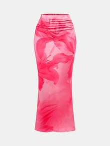 SHEIN Tween Girl Printed Asymmetric Asymmetrical Shoulder Short Sleeve T-Shirt And Midi Skirt 2-Piece Elegant Vacation Set - Hot Pink - View 6