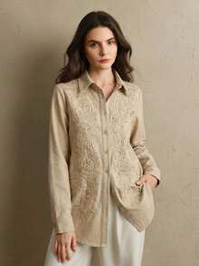 Anewsta Camisa de lino bordada en caqui con strass dorados para mujer, blusa elegante de manga larga para primavera/verano, vacaciones - Caqui - Ver 5