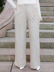 Elenary Edit Modern Fashion Pearl Embellished Pocketed Women's Elegant Press Crease Pants - Cream - View 3