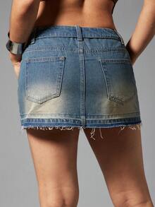 Denimoi Fold Over Waistband Raw Edge Denim Mini Skirt Sexy Skirts Fashionable Streetwear Concert - Medium Wash - View 2