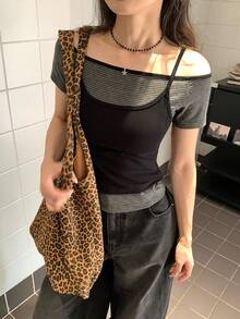 DAZY 女士叠层系带露背短袖T恤，时尚性感修身两件套百搭上衣 - 深灰色 - 查看 2