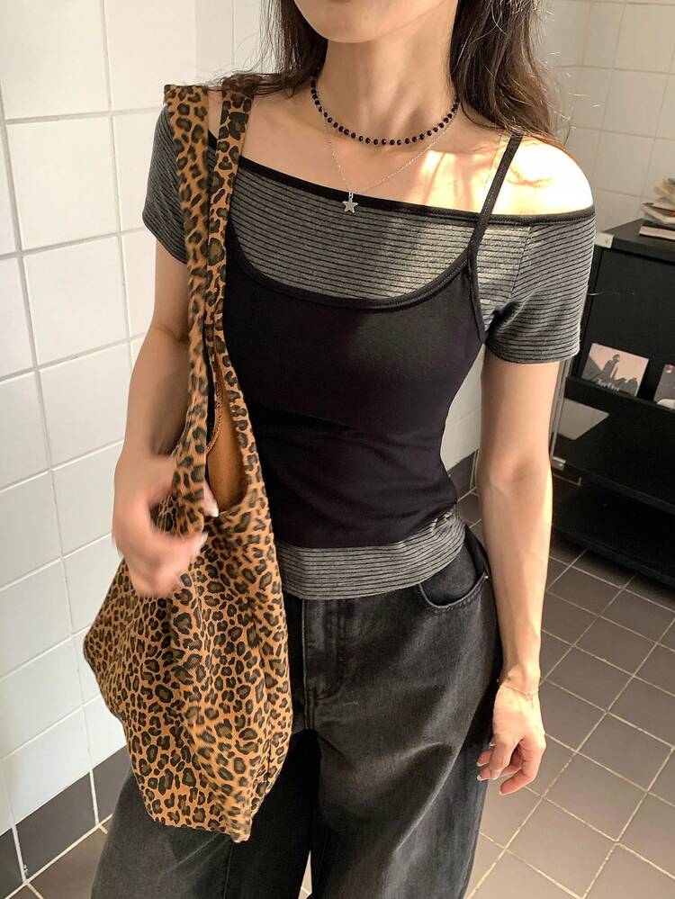 Women's Layered Tie-Up Halter Neck Short Sleeve T-Shirt, Stylish Sexy Slim Fit 2 Pieces Versatile Top