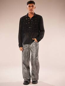 FeverCity 男士半透明纽扣长袖衬衫 - 黑色 - 查看 3