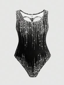 SHEIN Tween Girls' Casual Sports Gymnastics Yoga High Stretch Tie-Dye Printed Hollow-Out Back Heart Jumpsuit - Black - View 3