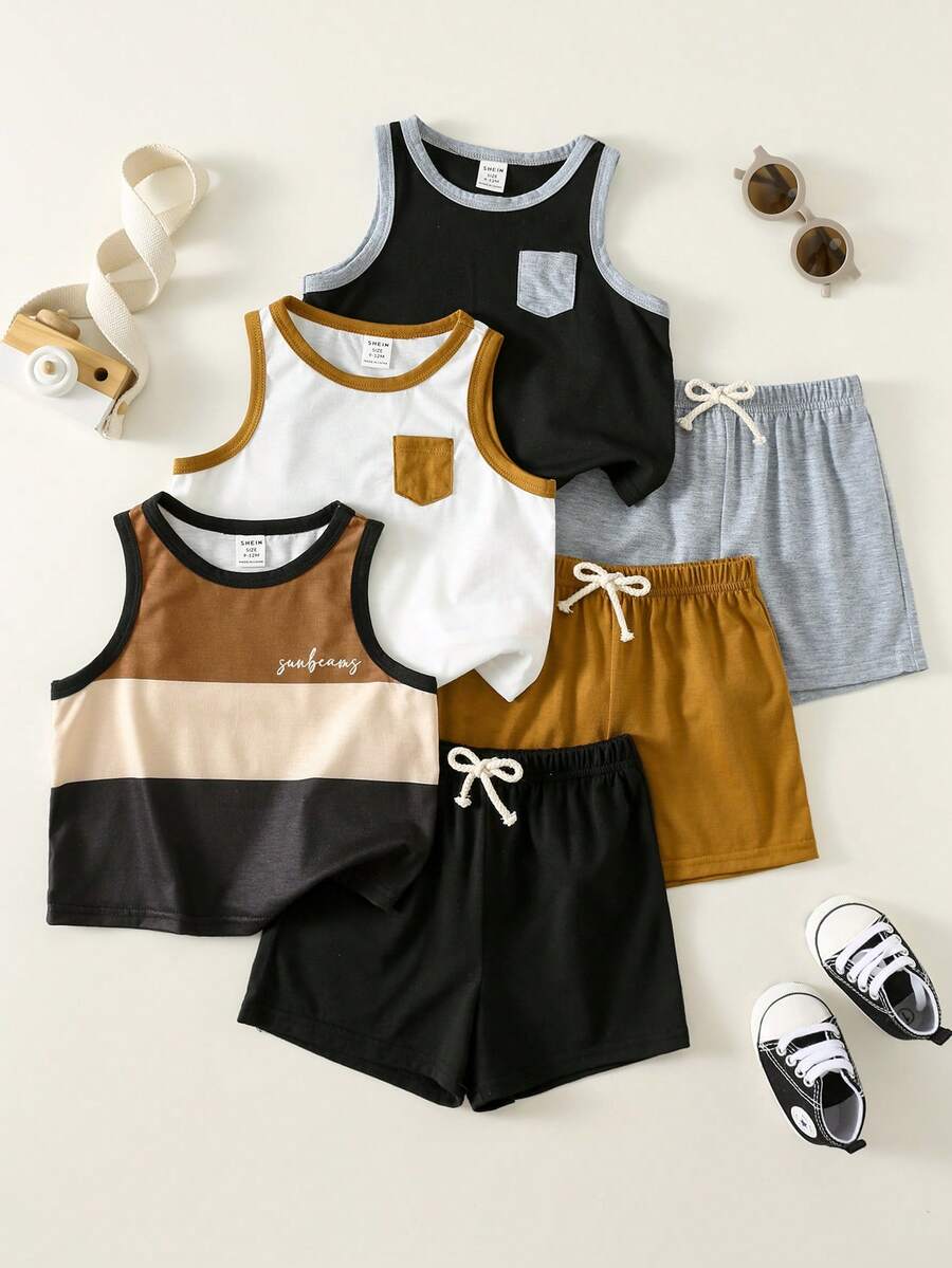 SHEIN 6件套男婴夏季休闲度假针织可爱条纹背心和松紧腰短裤套装，基础多件套，夏季背心套装 - 彩色 - 查看 1