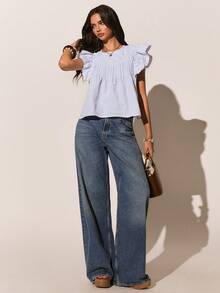 Poéselle 女士圆领短袖荷叶边褶皱条纹蕾丝边衬衫 - 藍色 - 查看 9